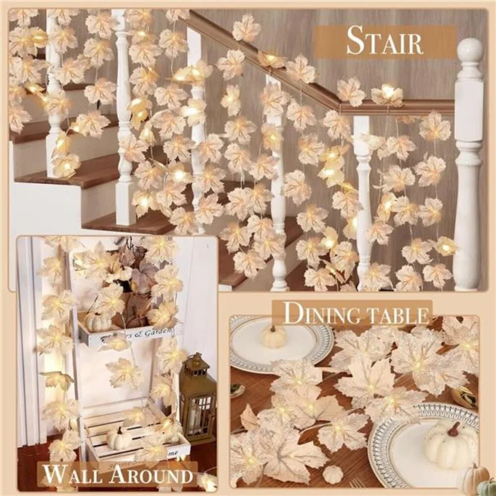 5 Pack Thanksgiving Garland with Lights Maple Leaf String Lights - Total 32.5ft